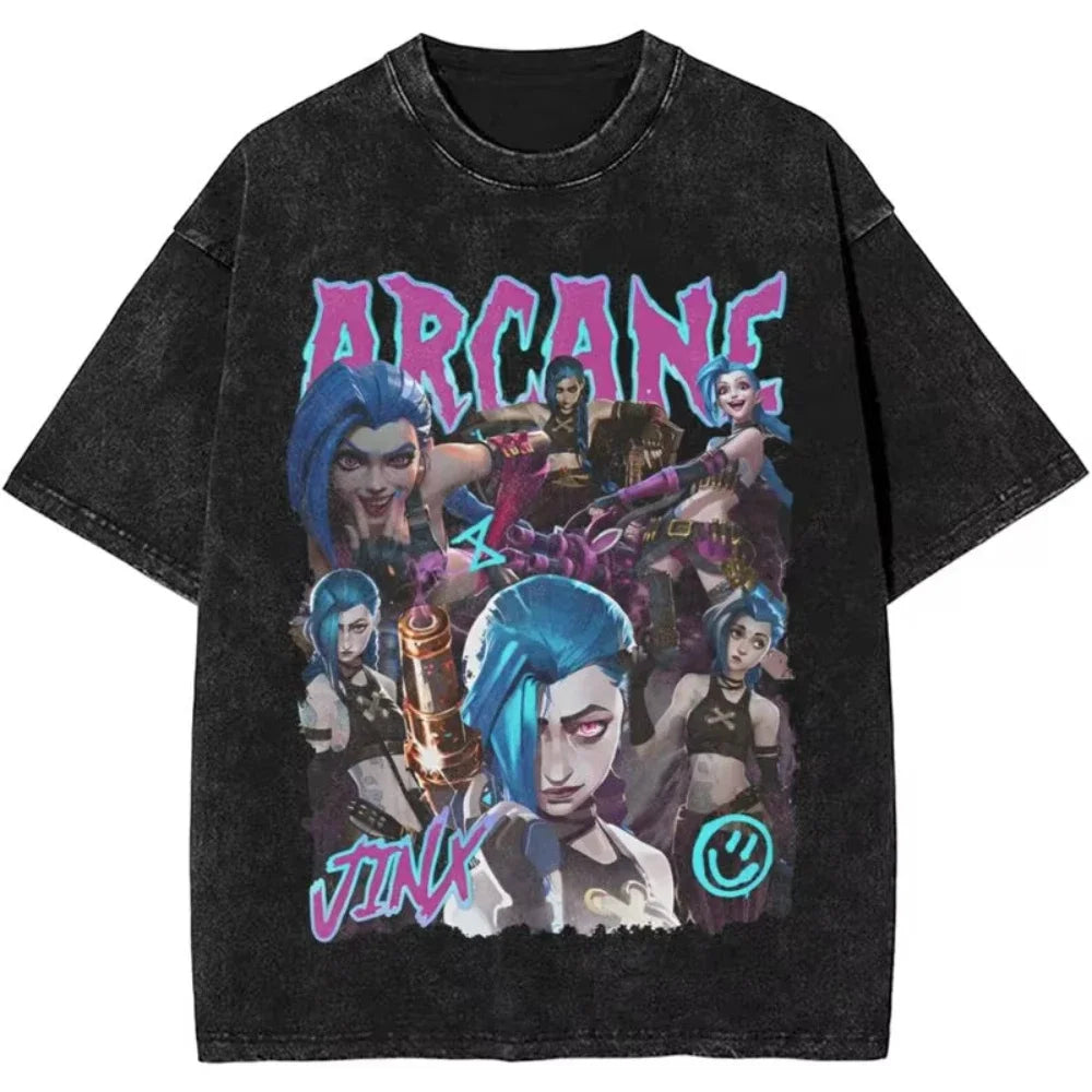 2025 Hot Anime Arcane Jinx T Shirt Hip Hop Washed Cotton T-Shirt Men Women Tops Oversized Streetwear Summer Tops Tees Clothing