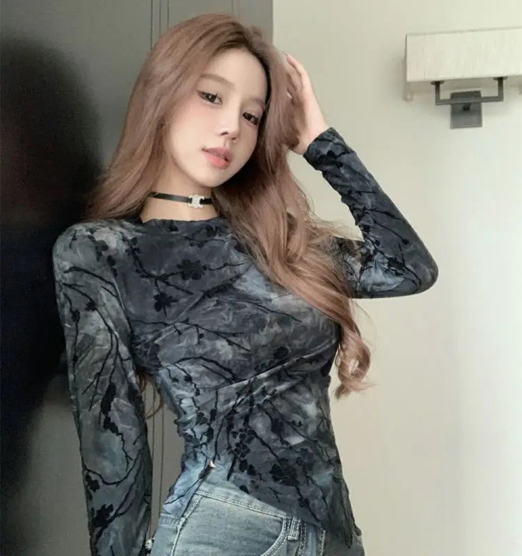 Floral Printing T Shirts Women Irregular Flattering Waist Long Sleeve Slim Female Tees Vintage Retro Side-slit Soft O-neck Fall