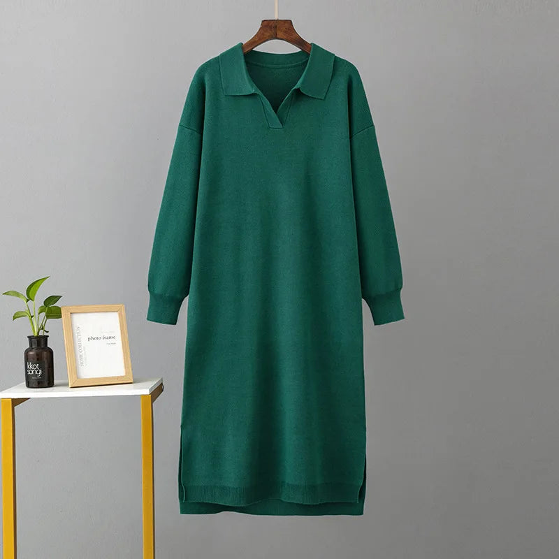 Winter Warm Thick Knit Loose Dress Women Sweater Split Dress Fashion Autumn Korean Ladys Polo Neck Casual Oversized Soft Dresses