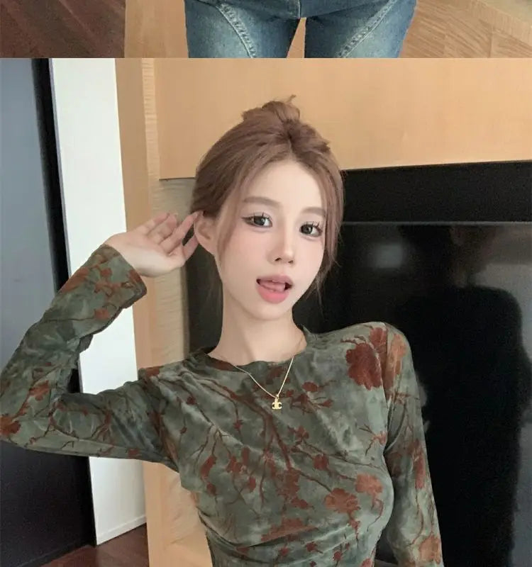 Floral Printing T Shirts Women Irregular Flattering Waist Long Sleeve Slim Female Tees Vintage Retro Side-slit Soft O-neck Fall