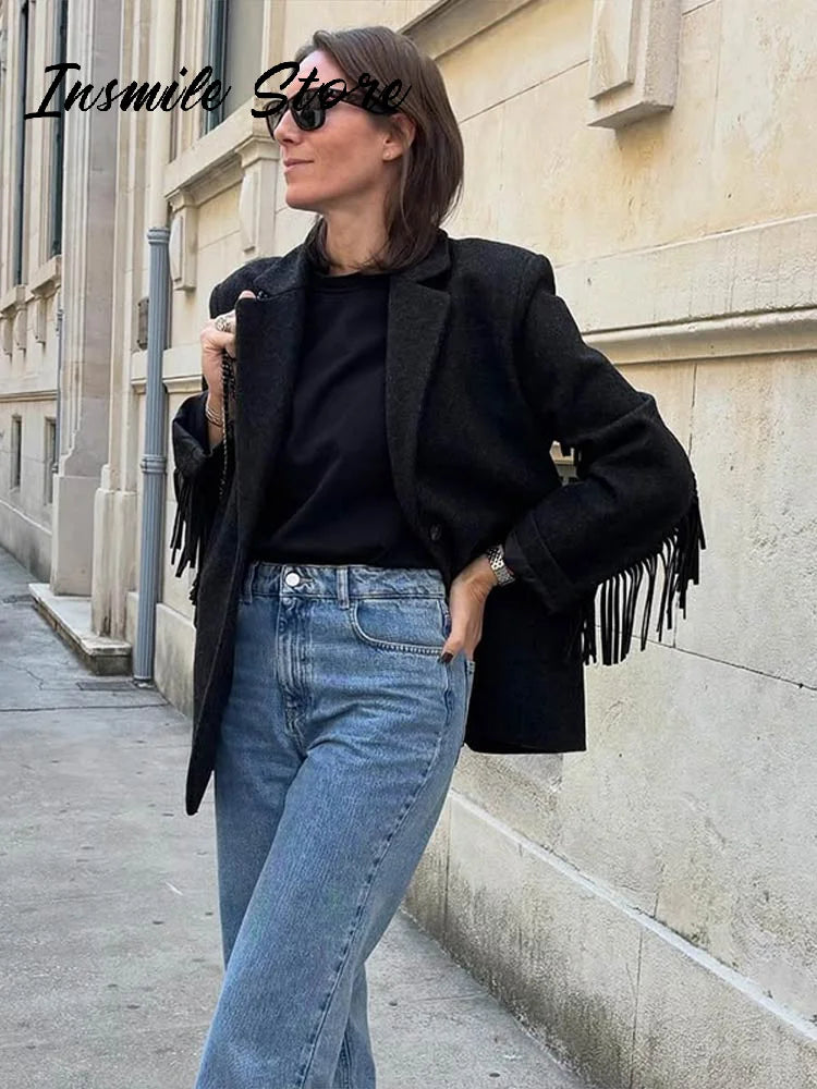 Fashion Women's Tassel Solid Blazer Jacket Lapel Full Sleeve Casual Coat 2026 Spring Autumn Lady Elegant Street Lady Outwear New