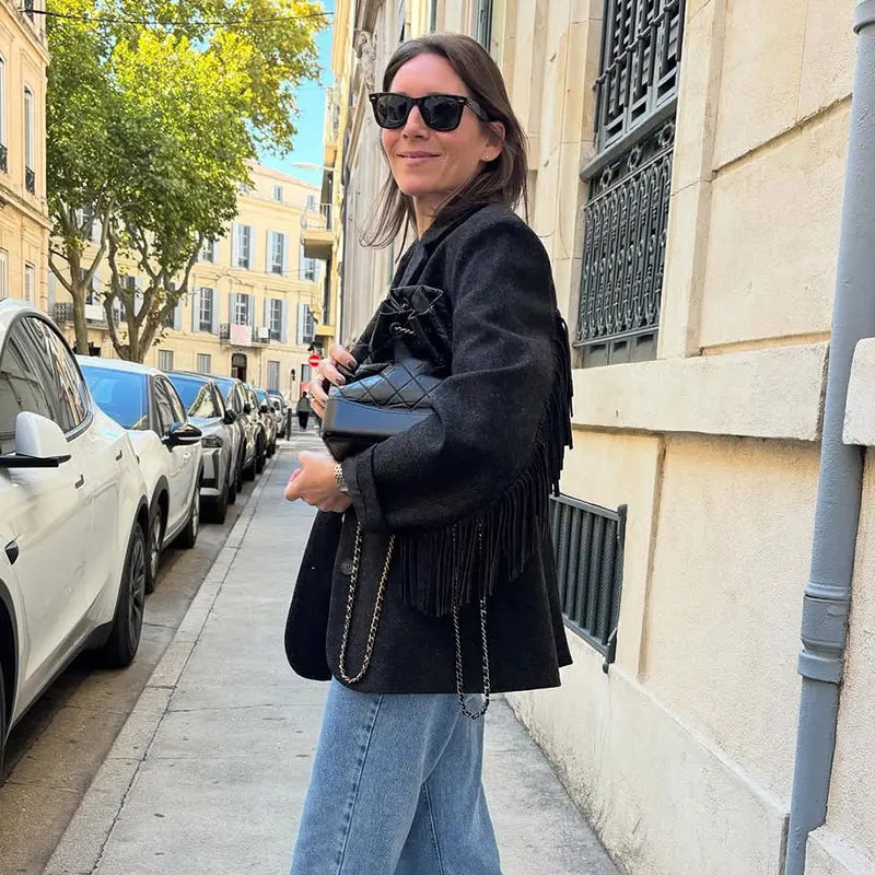 Fashion Women's Tassel Solid Blazer Jacket Lapel Full Sleeve Casual Coat 2026 Spring Autumn Lady Elegant Street Lady Outwear New