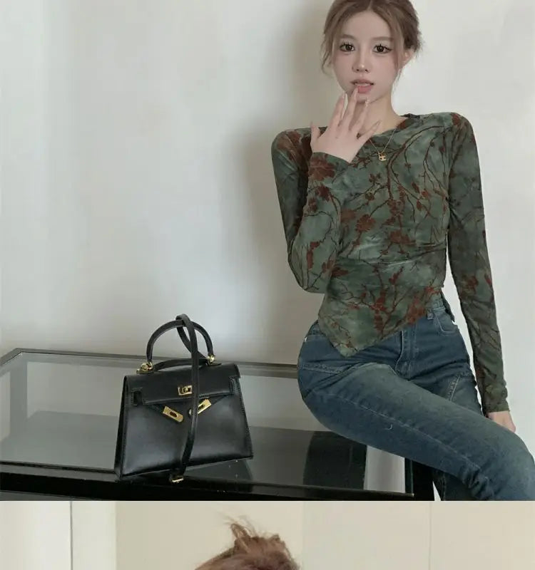 Floral Printing T Shirts Women Irregular Flattering Waist Long Sleeve Slim Female Tees Vintage Retro Side-slit Soft O-neck Fall