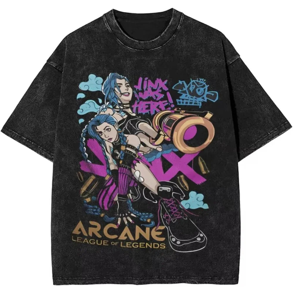 2025 Hot Anime Arcane Jinx T Shirt Hip Hop Washed Cotton T-Shirt Men Women Tops Oversized Streetwear Summer Tops Tees Clothing