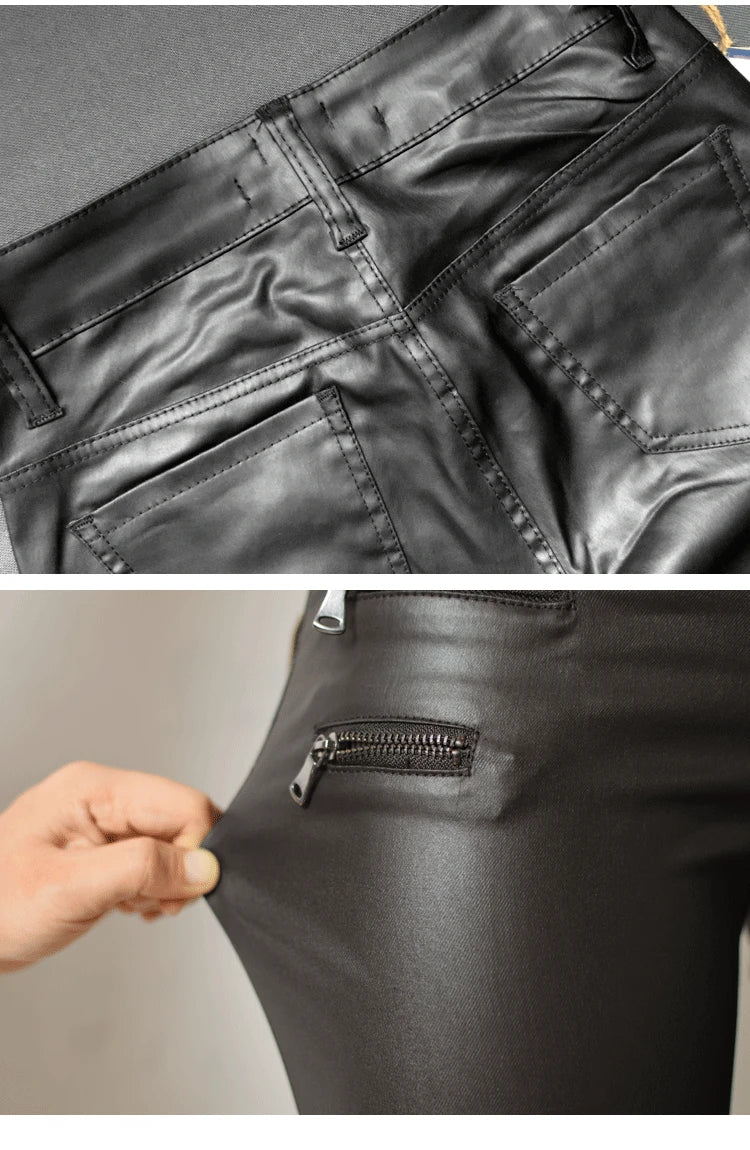 Popular Womens Leather Pant Low Waist and Slim Feet PU Leather Pants Double Zipper Pant for Women