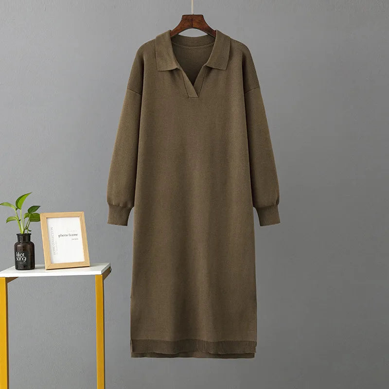 Winter Warm Thick Knit Loose Dress Women Sweater Split Dress Fashion Autumn Korean Ladys Polo Neck Casual Oversized Soft Dresses