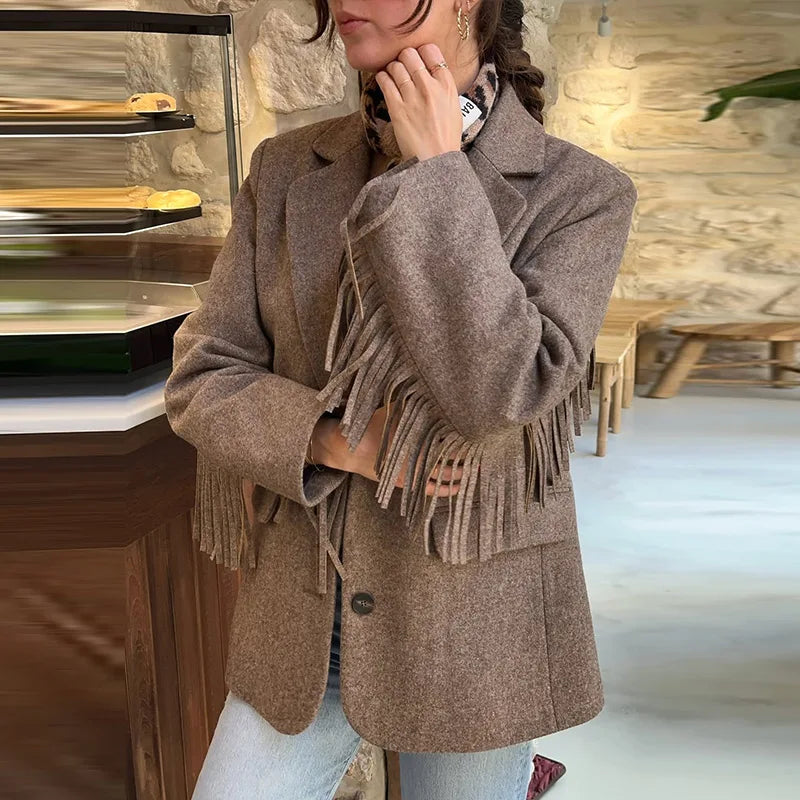 Fashion Women's Tassel Solid Blazer Jacket Lapel Full Sleeve Casual Coat 2026 Spring Autumn Lady Elegant Street Lady Outwear New