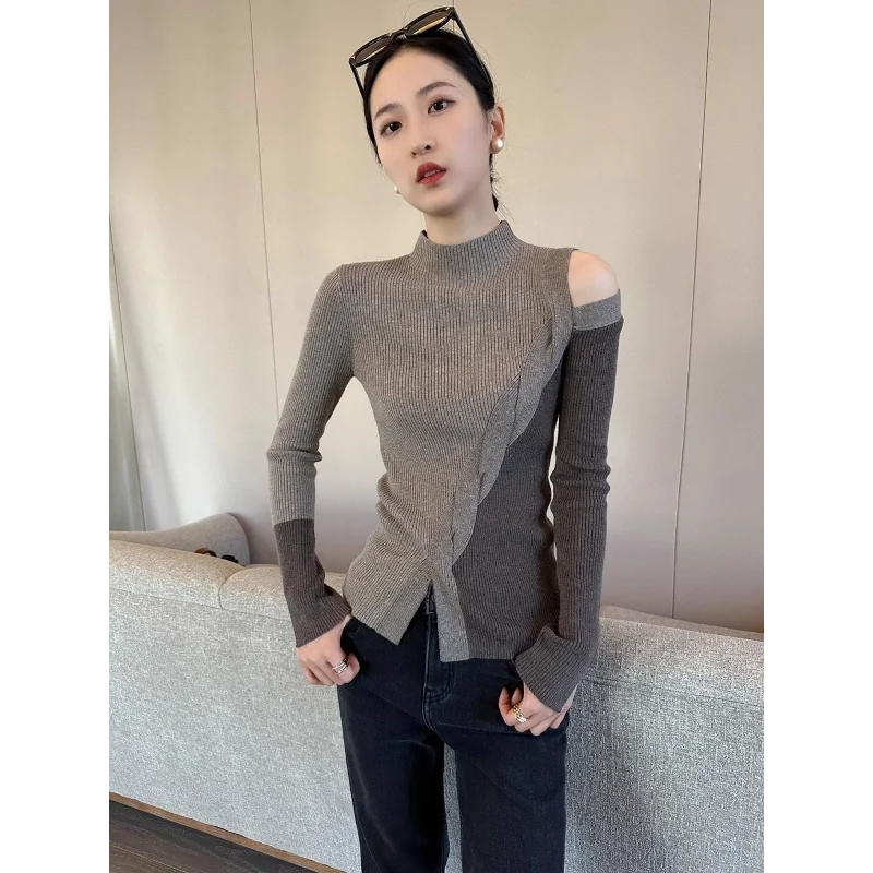 Half Turtleneck Contrasting Sweater Women Autumn Winter New Fashionable Irregular Base Shirt