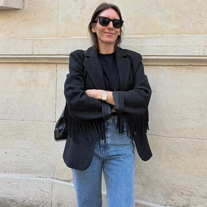 Fashion Women's Tassel Solid Blazer Jacket Lapel Full Sleeve Casual Coat 2026 Spring Autumn Lady Elegant Street Lady Outwear New