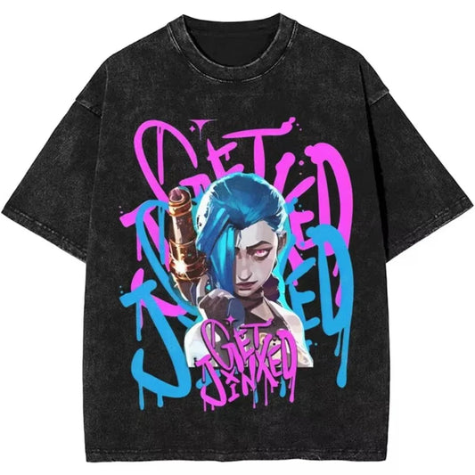 2025 Hot Anime Arcane Jinx T Shirt Hip Hop Washed Cotton T-Shirt Men Women Tops Oversized Streetwear Summer Tops Tees Clothing