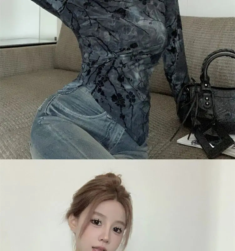 Floral Printing T Shirts Women Irregular Flattering Waist Long Sleeve Slim Female Tees Vintage Retro Side-slit Soft O-neck Fall