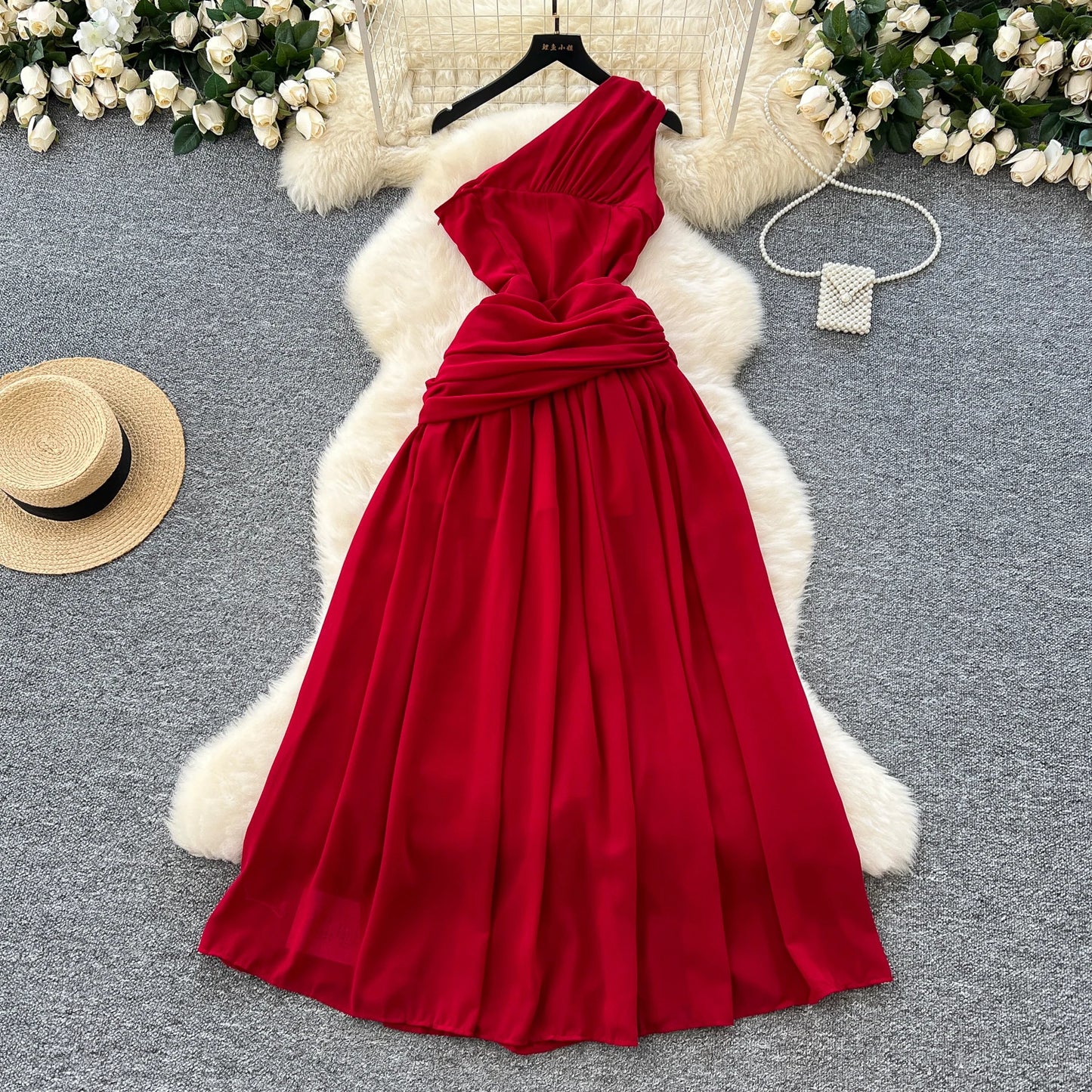 Elegant Sleeveless Vintage Diagonal Collar Sexy Off Shoulder Chic Three-dimensional Floral Slim Evening High Street Long Dresses