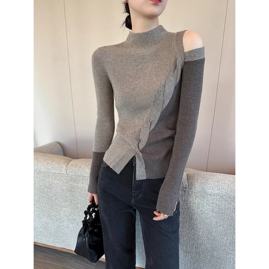 Half Turtleneck Contrasting Sweater Women Autumn Winter New Fashionable Irregular Base Shirt
