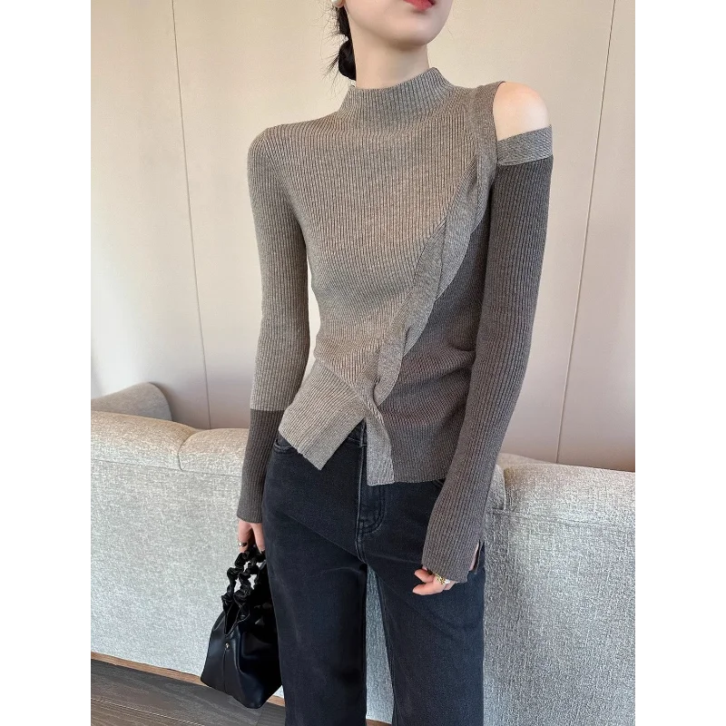 Half Turtleneck Contrasting Sweater Women Autumn Winter New Fashionable Irregular Base Shirt