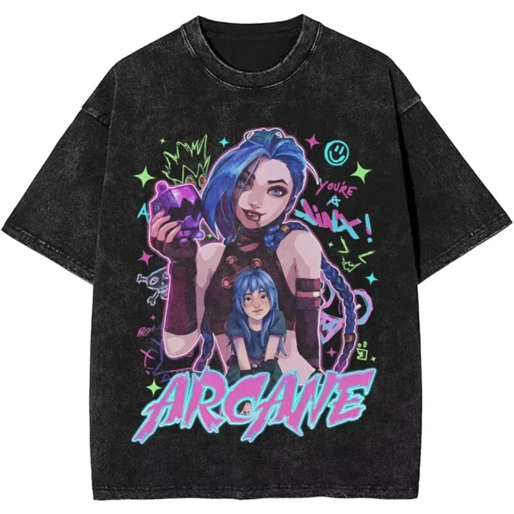 2025 Hot Anime Arcane Jinx T Shirt Hip Hop Washed Cotton T-Shirt Men Women Tops Oversized Streetwear Summer Tops Tees Clothing