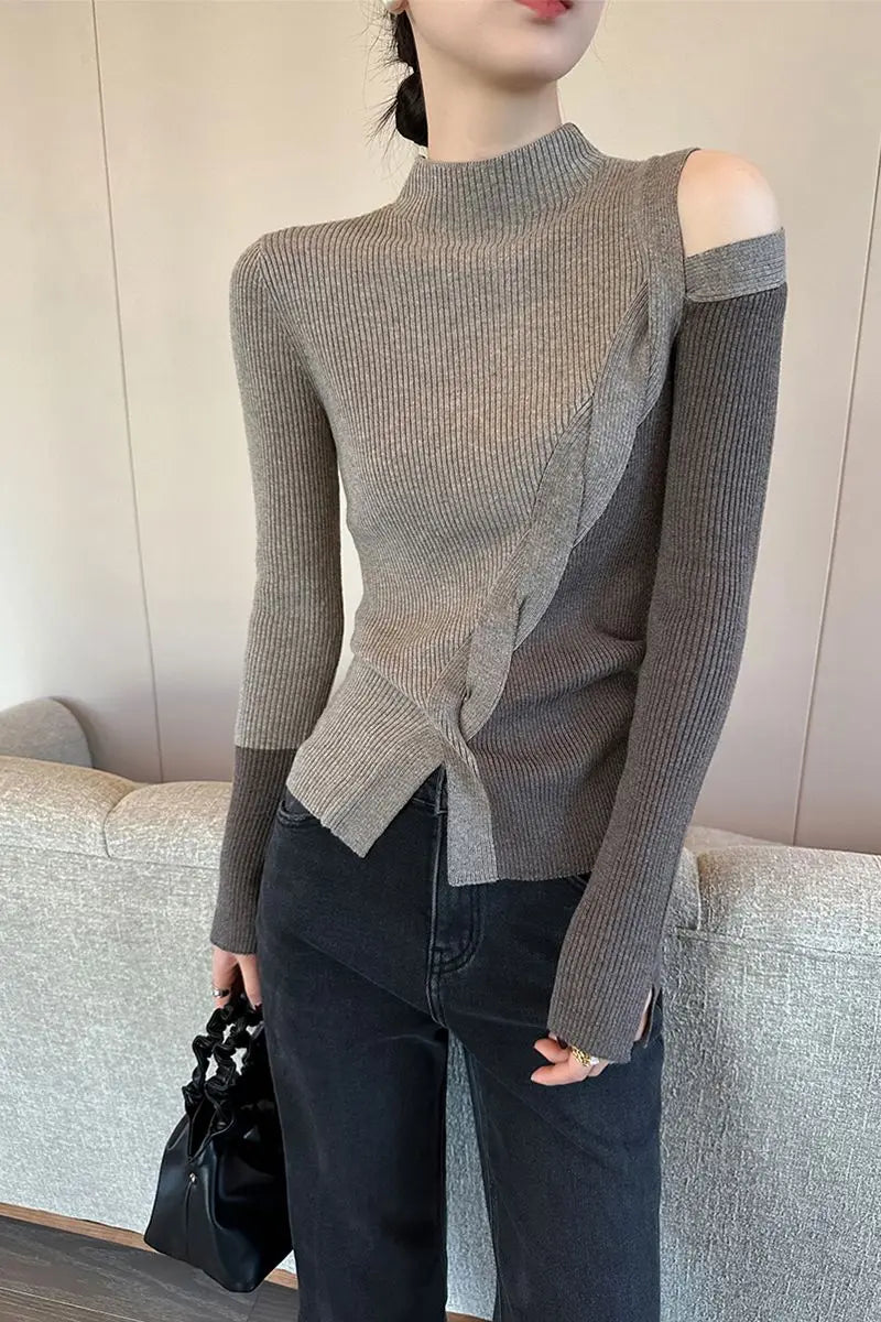 Half Turtleneck Contrasting Sweater Women Autumn Winter New Fashionable Irregular Base Shirt