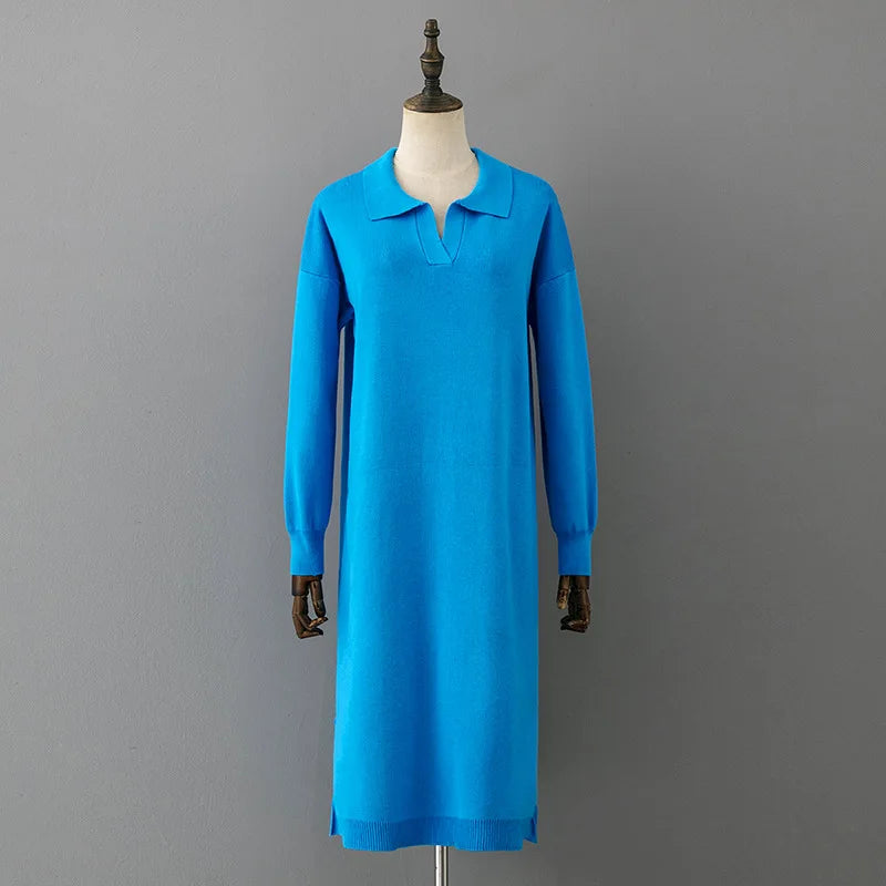 Winter Warm Thick Knit Loose Dress Women Sweater Split Dress Fashion Autumn Korean Ladys Polo Neck Casual Oversized Soft Dresses