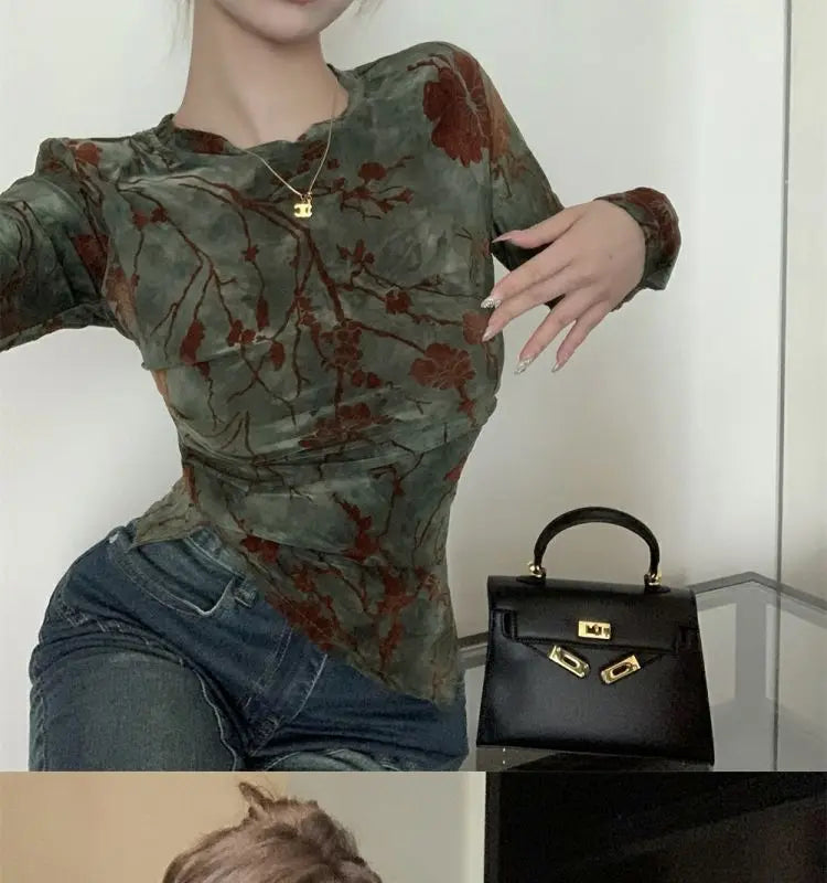 Floral Printing T Shirts Women Irregular Flattering Waist Long Sleeve Slim Female Tees Vintage Retro Side-slit Soft O-neck Fall