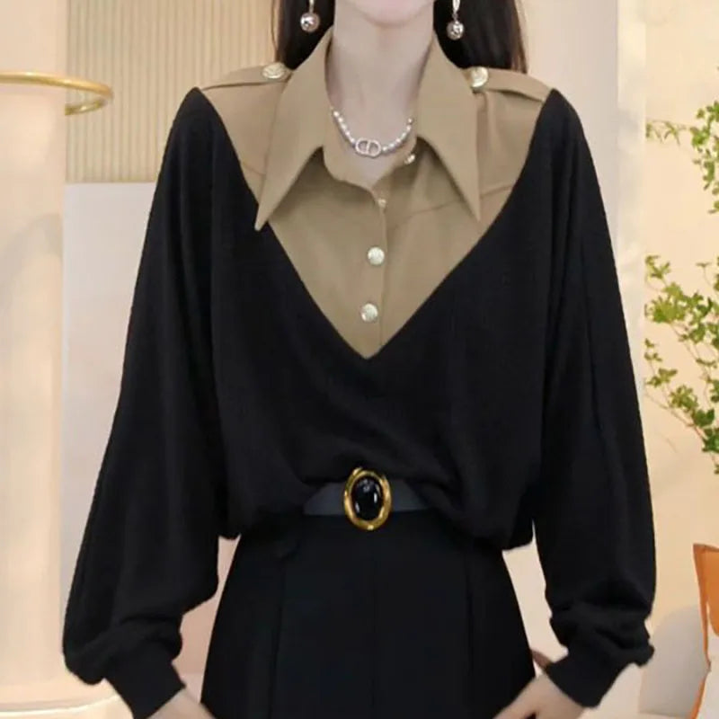 Fashion Spliced Button Batwing Sleeve Blouses Women's Clothing 2023 Autumn Winter Loose Casual Tops Fake Two Pieces Shirts