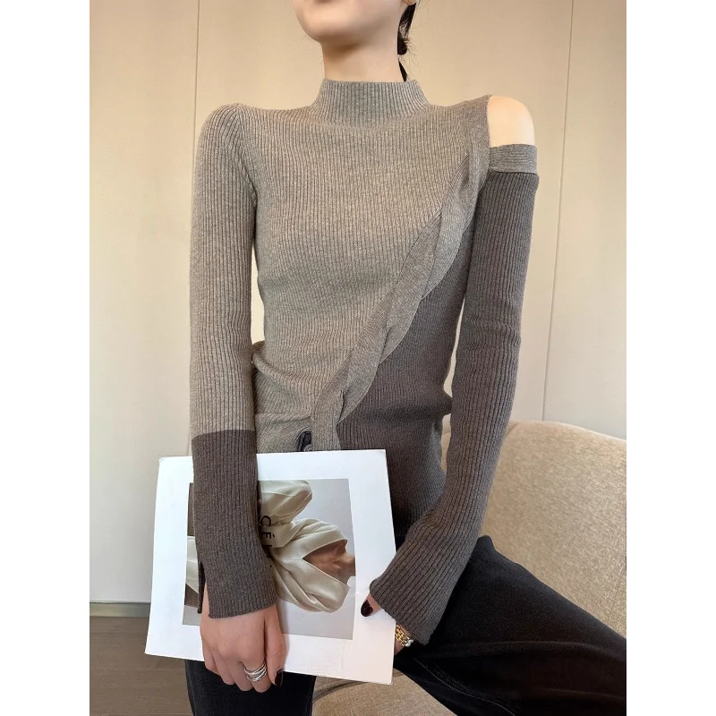 Half Turtleneck Contrasting Sweater Women Autumn Winter New Fashionable Irregular Base Shirt