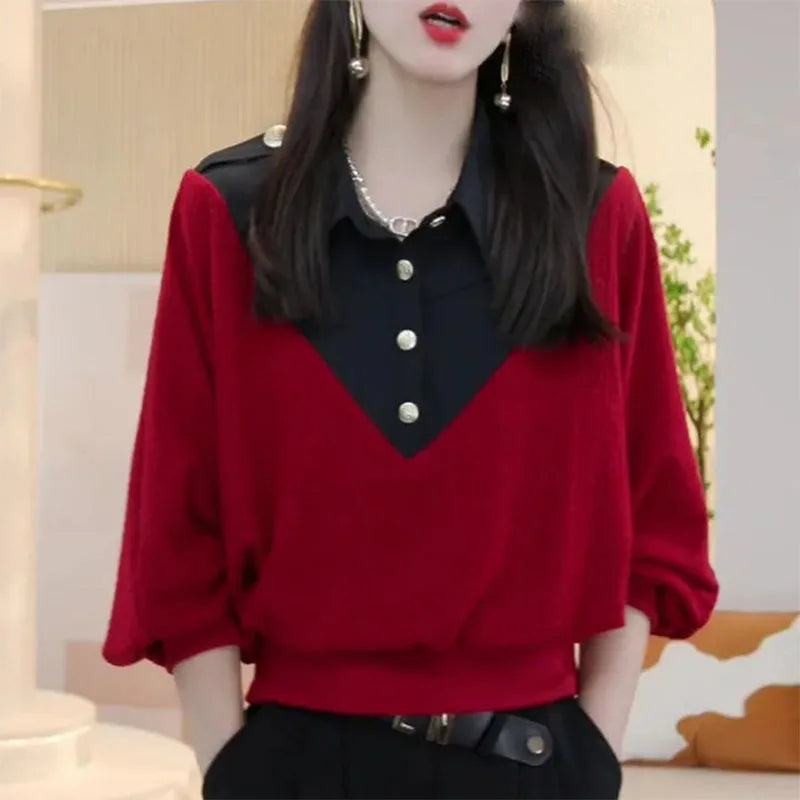 Fashion Spliced Button Batwing Sleeve Blouses Women's Clothing 2023 Autumn Winter Loose Casual Tops Fake Two Pieces Shirts