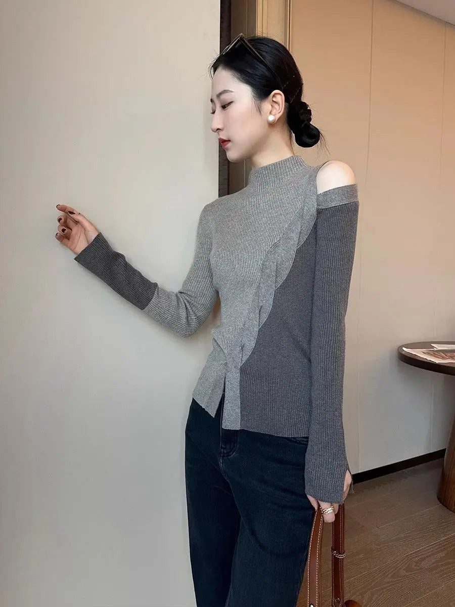 Half Turtleneck Contrasting Sweater Women Autumn Winter New Fashionable Irregular Base Shirt