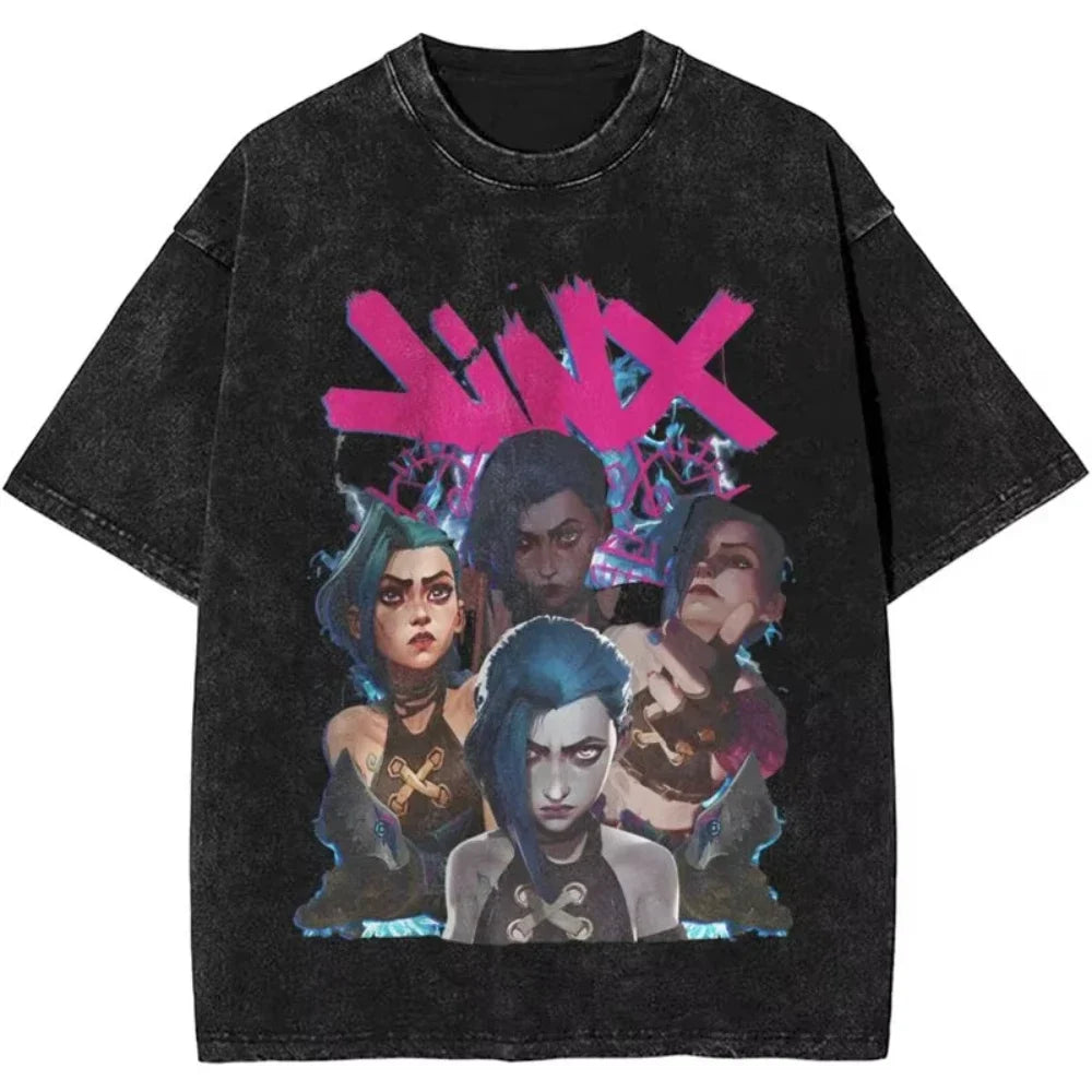2025 Hot Anime Arcane Jinx T Shirt Hip Hop Washed Cotton T-Shirt Men Women Tops Oversized Streetwear Summer Tops Tees Clothing