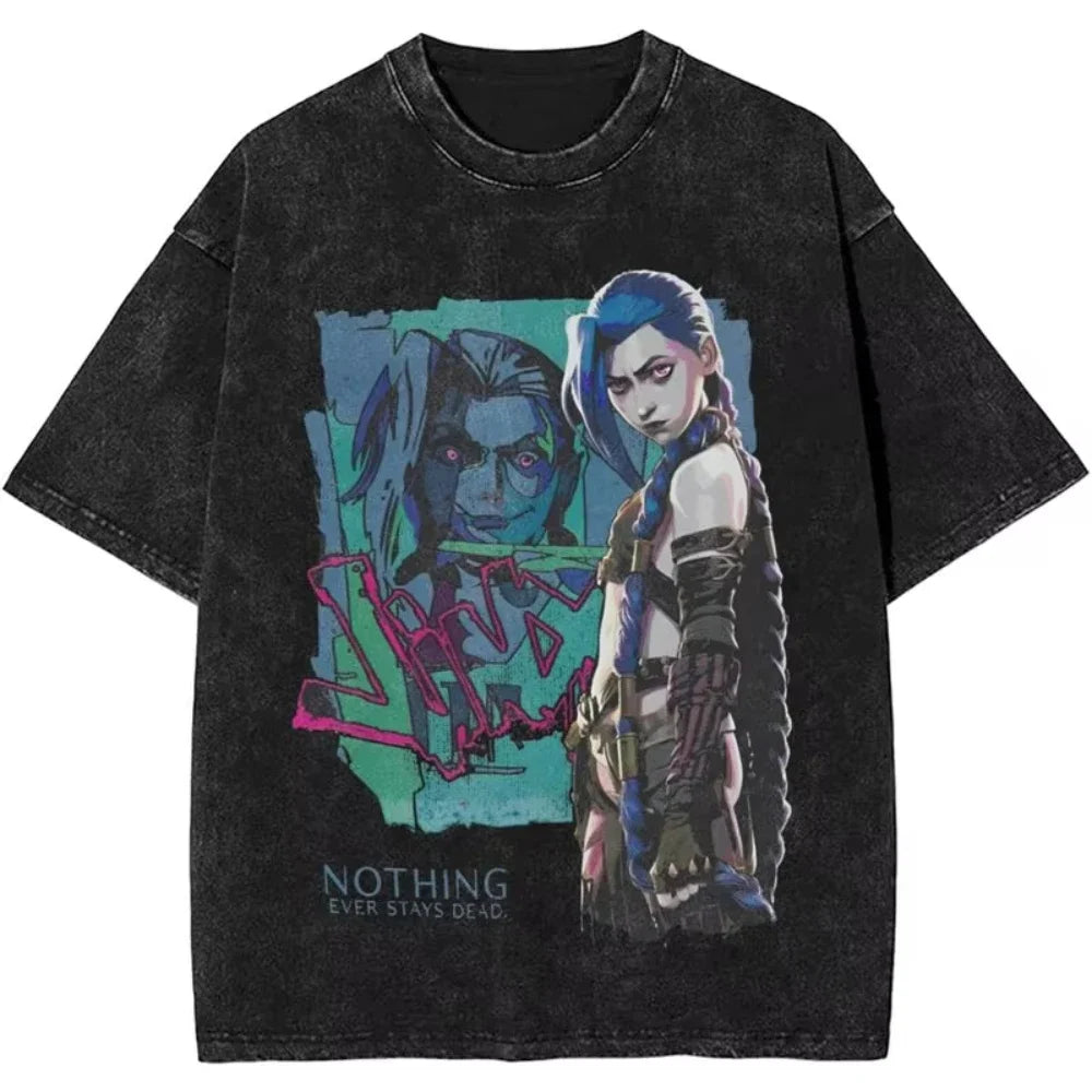 2025 Hot Anime Arcane Jinx T Shirt Hip Hop Washed Cotton T-Shirt Men Women Tops Oversized Streetwear Summer Tops Tees Clothing