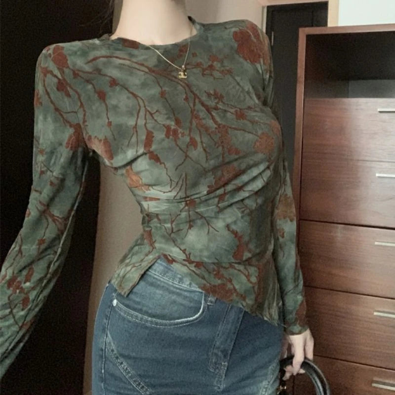Floral Printing T Shirts Women Irregular Flattering Waist Long Sleeve Slim Female Tees Vintage Retro Side-slit Soft O-neck Fall