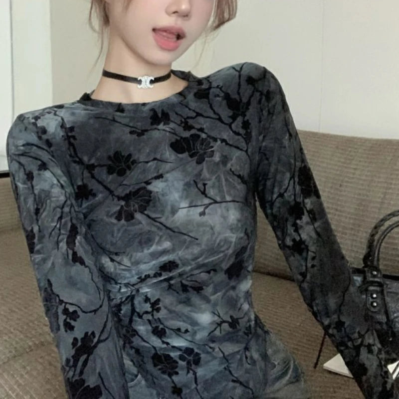 Floral Printing T Shirts Women Irregular Flattering Waist Long Sleeve Slim Female Tees Vintage Retro Side-slit Soft O-neck Fall