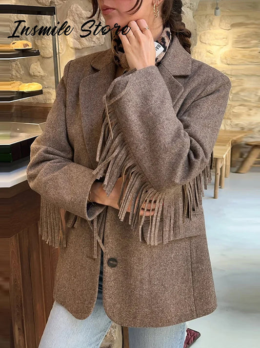 Fashion Women's Tassel Solid Blazer Jacket Lapel Full Sleeve Casual Coat 2026 Spring Autumn Lady Elegant Street Lady Outwear New