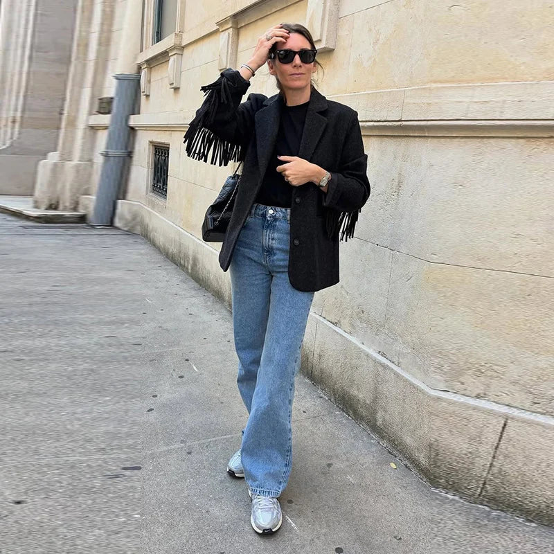 Fashion Women's Tassel Solid Blazer Jacket Lapel Full Sleeve Casual Coat 2026 Spring Autumn Lady Elegant Street Lady Outwear New