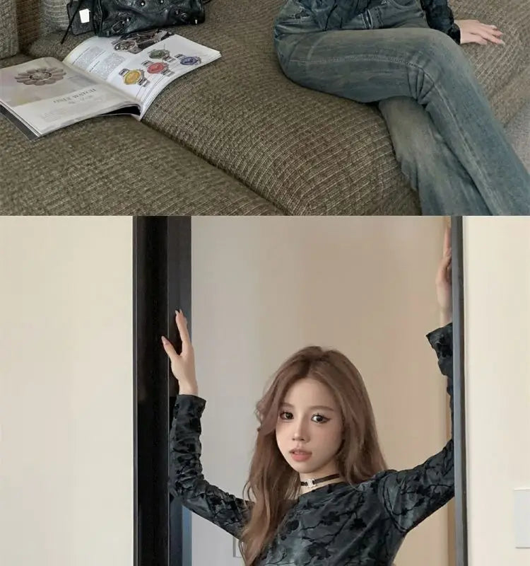 Floral Printing T Shirts Women Irregular Flattering Waist Long Sleeve Slim Female Tees Vintage Retro Side-slit Soft O-neck Fall