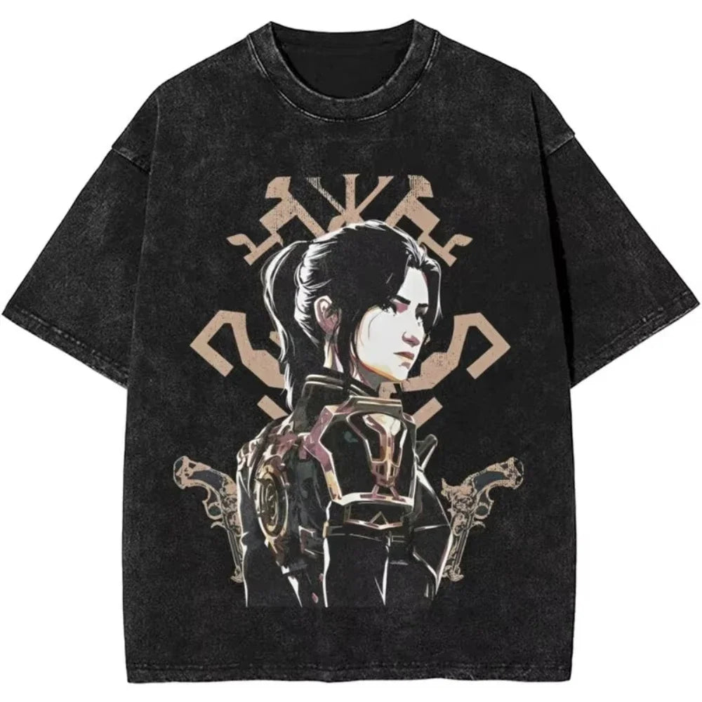2025 Hot Anime Arcane Jinx T Shirt Hip Hop Washed Cotton T-Shirt Men Women Tops Oversized Streetwear Summer Tops Tees Clothing