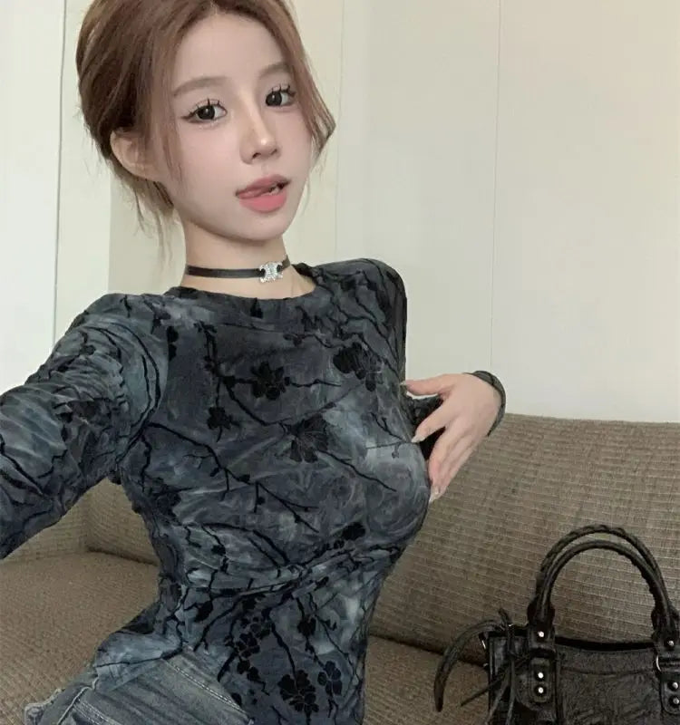 Floral Printing T Shirts Women Irregular Flattering Waist Long Sleeve Slim Female Tees Vintage Retro Side-slit Soft O-neck Fall