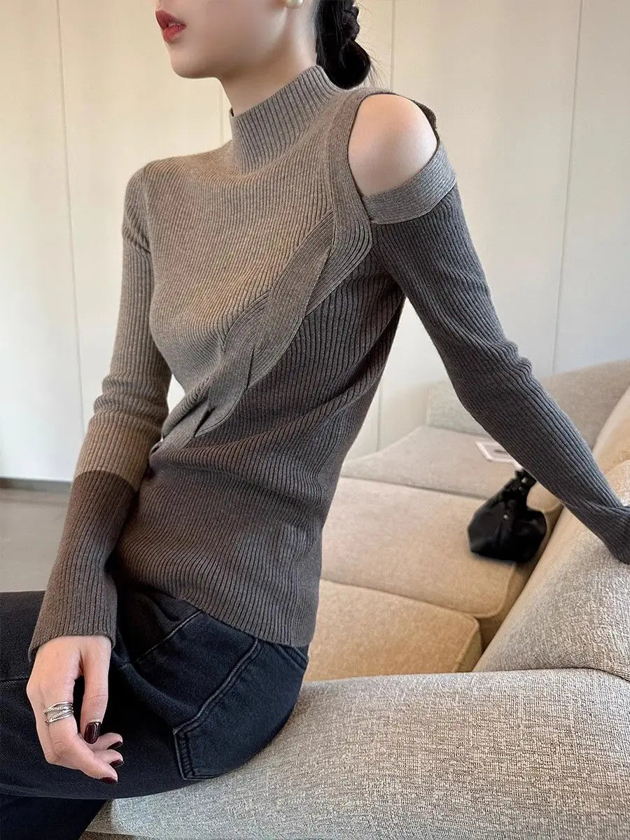 Half Turtleneck Contrasting Sweater Women Autumn Winter New Fashionable Irregular Base Shirt