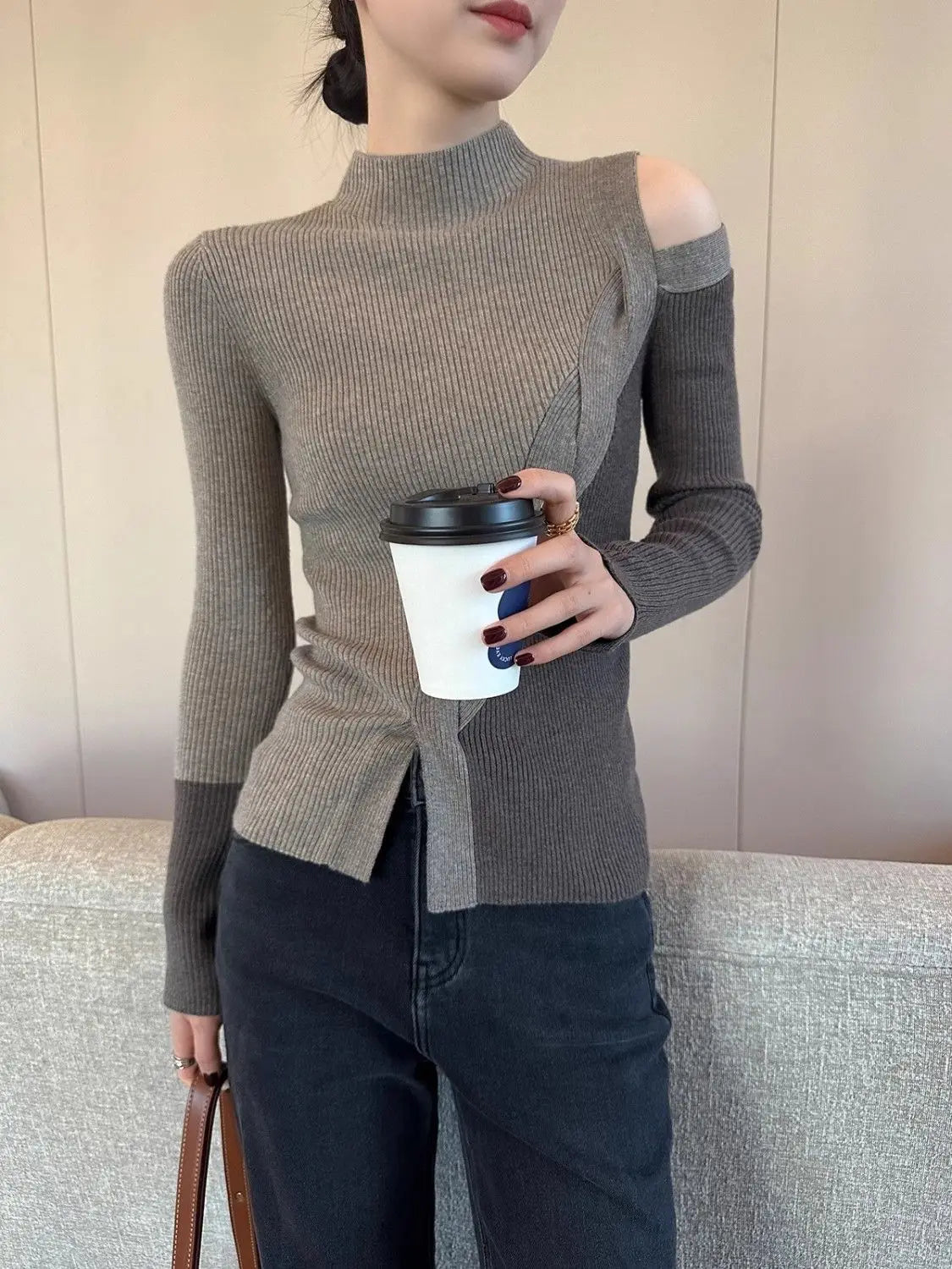 Half Turtleneck Contrasting Sweater Women Autumn Winter New Fashionable Irregular Base Shirt