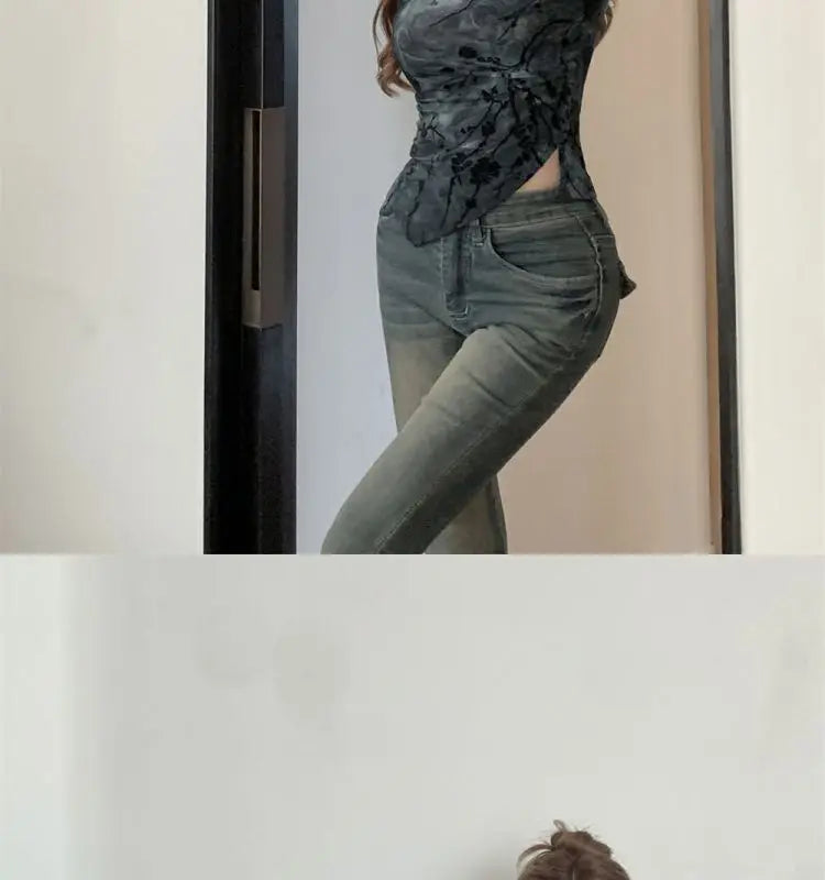 Floral Printing T Shirts Women Irregular Flattering Waist Long Sleeve Slim Female Tees Vintage Retro Side-slit Soft O-neck Fall