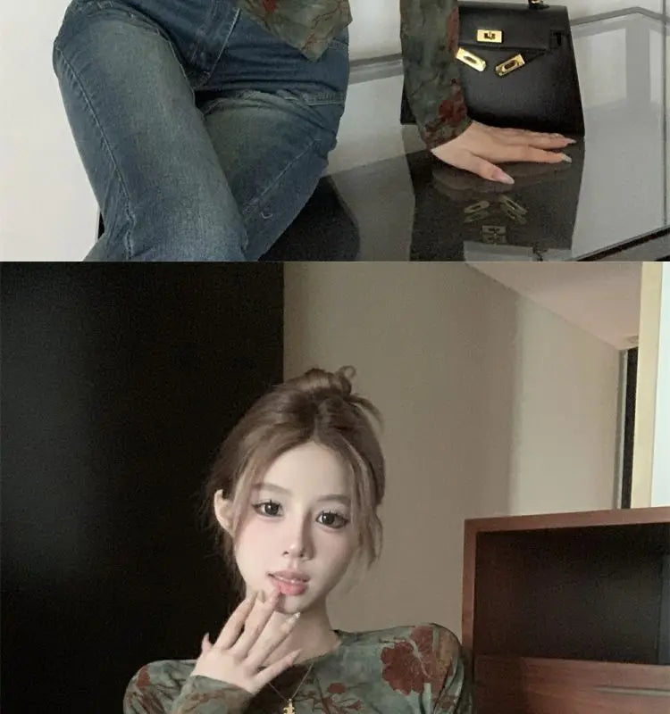 Floral Printing T Shirts Women Irregular Flattering Waist Long Sleeve Slim Female Tees Vintage Retro Side-slit Soft O-neck Fall