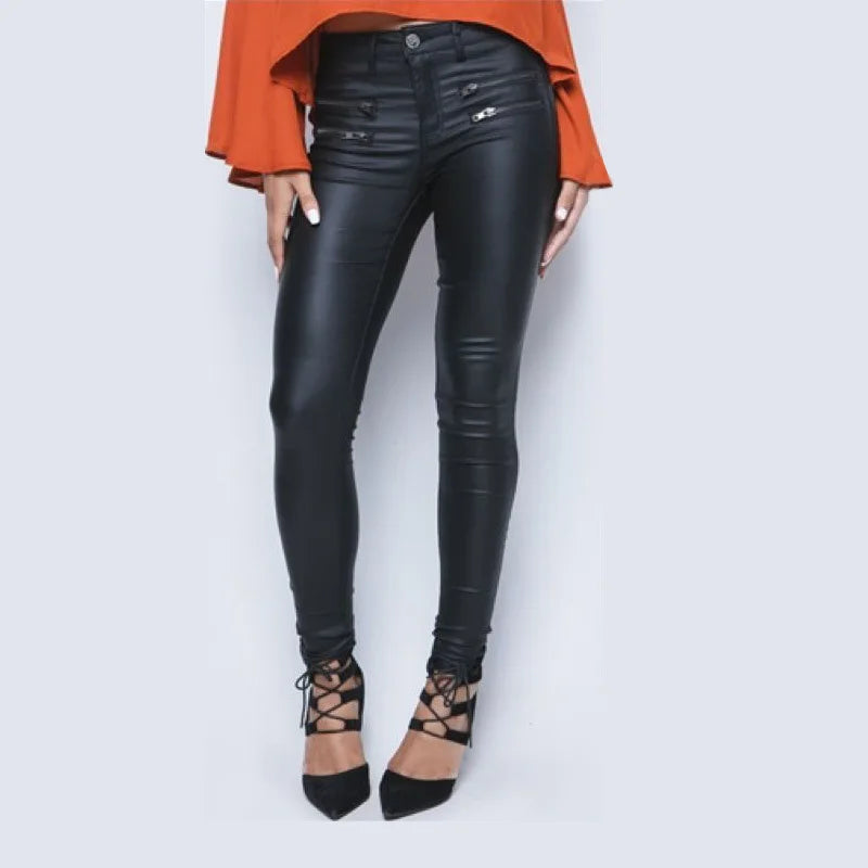 Popular Womens Leather Pant Low Waist and Slim Feet PU Leather Pants Double Zipper Pant for Women
