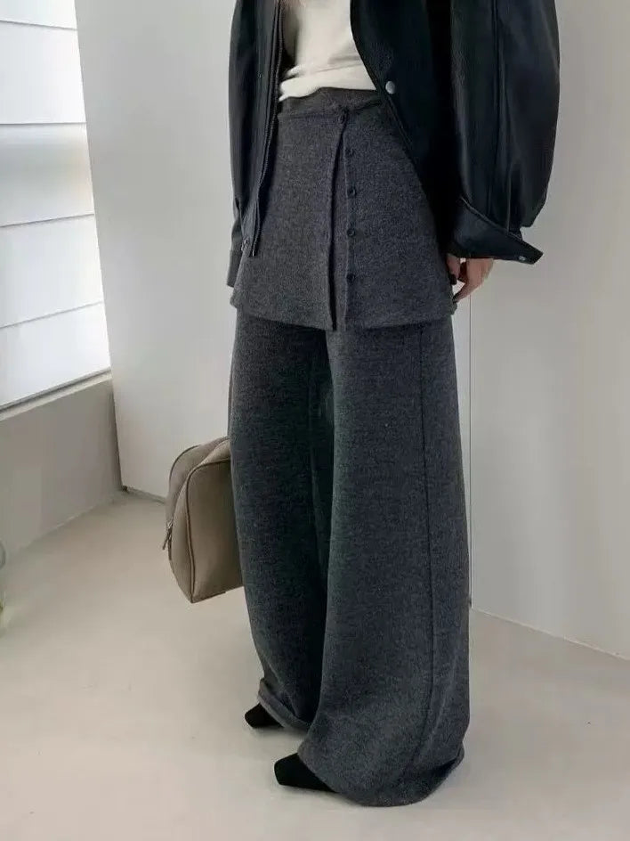 Korean Sle Women's Knitted Flared Casual Pants High Waist Autumn Winter New Faion Trendy Long Trousers Comfortable Design