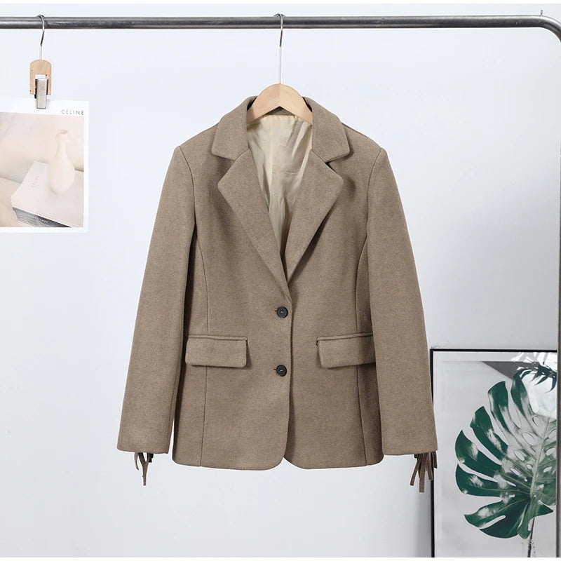 Fashion Women's Tassel Solid Blazer Jacket Lapel Full Sleeve Casual Coat 2026 Spring Autumn Lady Elegant Street Lady Outwear New