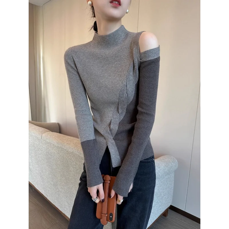 Half Turtleneck Contrasting Sweater Women Autumn Winter New Fashionable Irregular Base Shirt