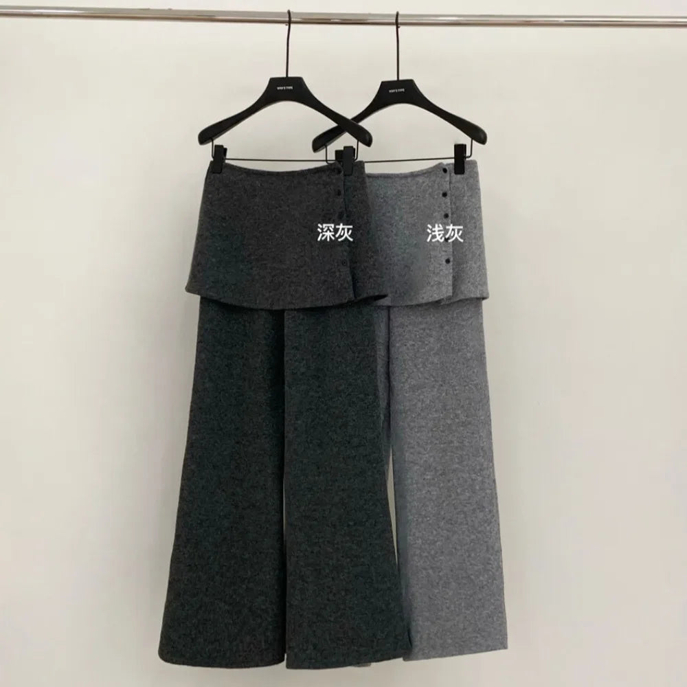 Korean Sle Women's Knitted Flared Casual Pants High Waist Autumn Winter New Faion Trendy Long Trousers Comfortable Design