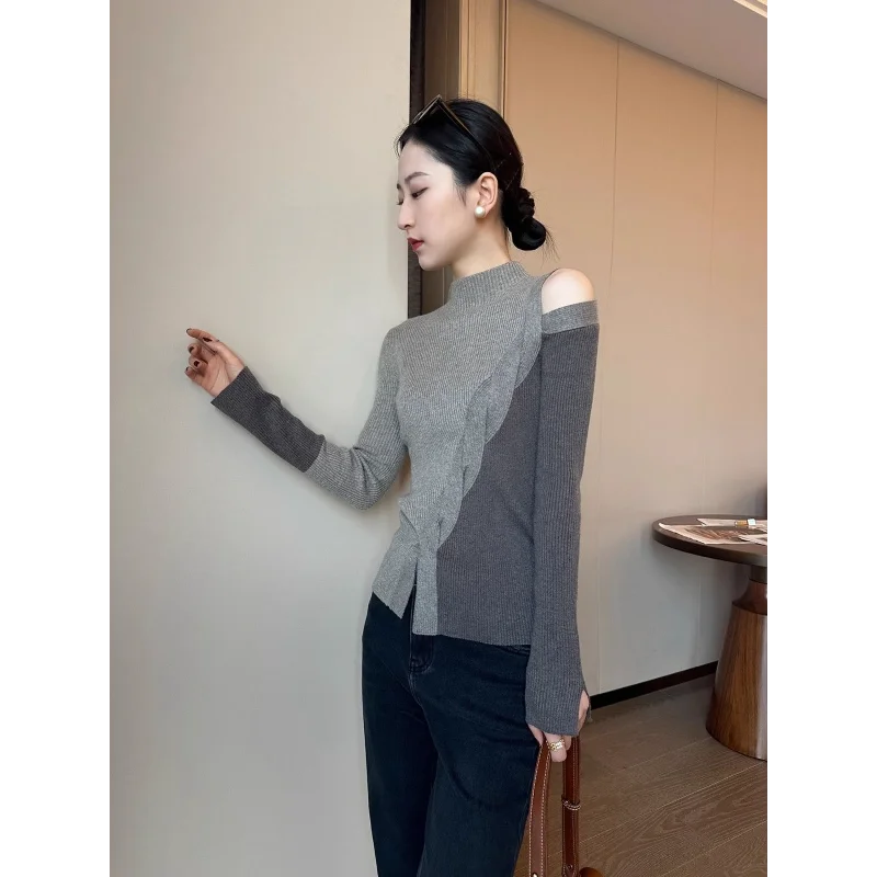 Half Turtleneck Contrasting Sweater Women Autumn Winter New Fashionable Irregular Base Shirt