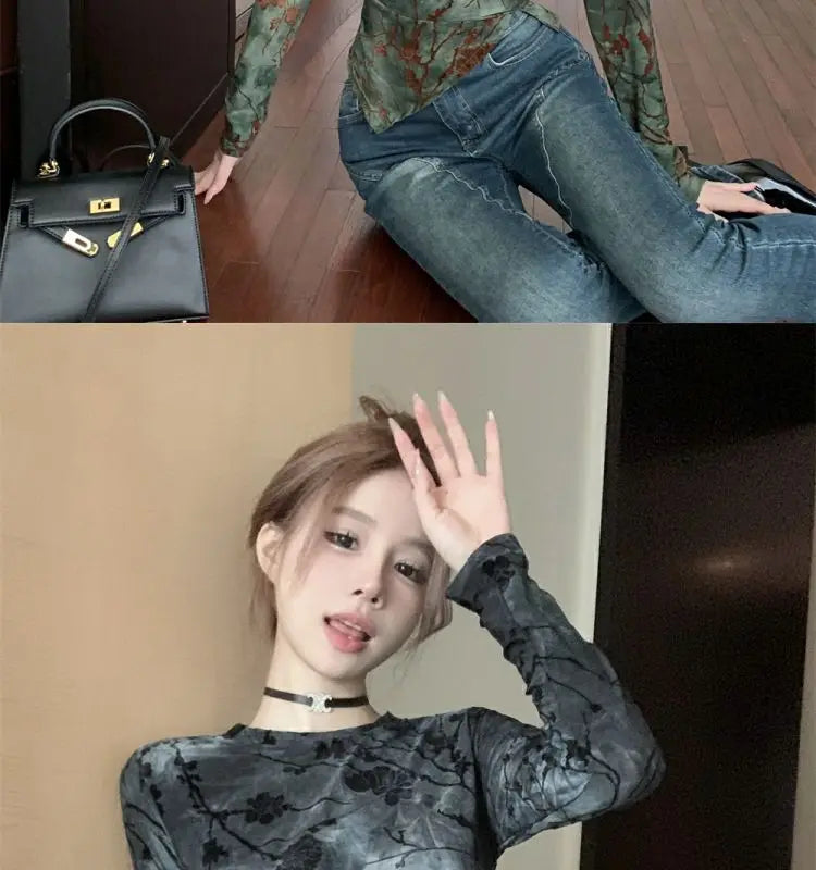 Floral Printing T Shirts Women Irregular Flattering Waist Long Sleeve Slim Female Tees Vintage Retro Side-slit Soft O-neck Fall