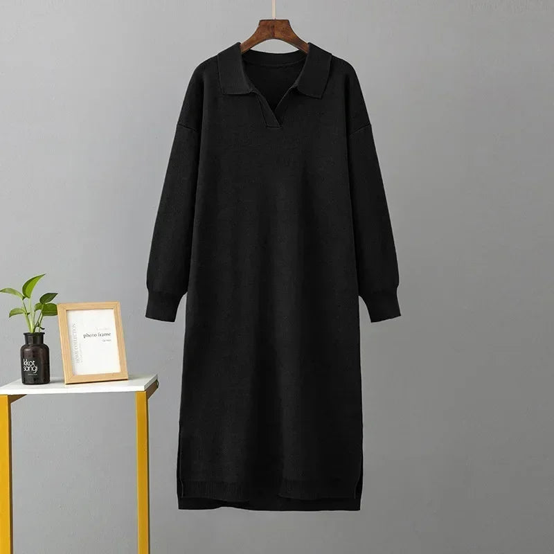 Winter Warm Thick Knit Loose Dress Women Sweater Split Dress Fashion Autumn Korean Ladys Polo Neck Casual Oversized Soft Dresses