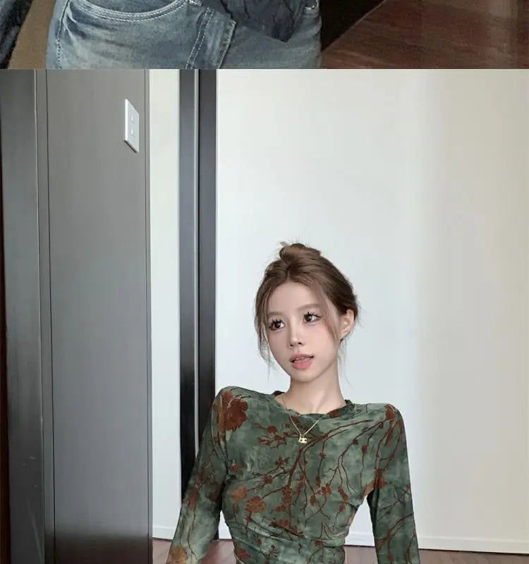 Floral Printing T Shirts Women Irregular Flattering Waist Long Sleeve Slim Female Tees Vintage Retro Side-slit Soft O-neck Fall