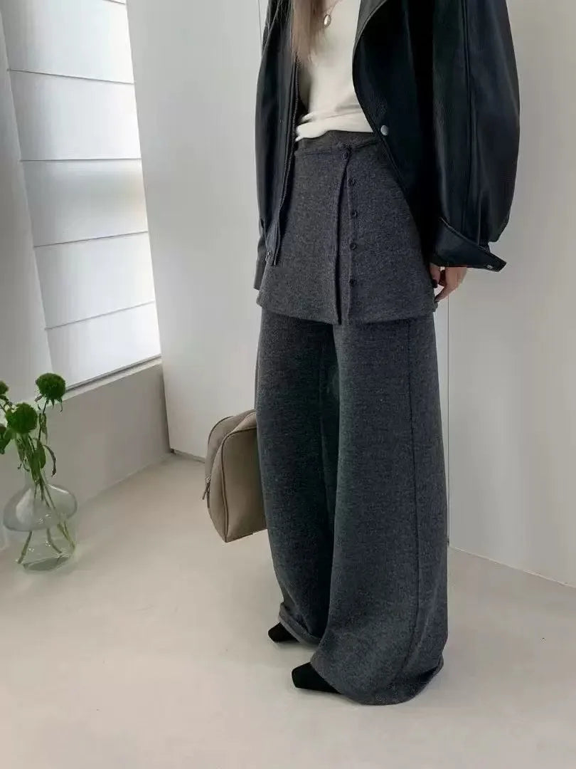 Korean Sle Women's Knitted Flared Casual Pants High Waist Autumn Winter New Faion Trendy Long Trousers Comfortable Design