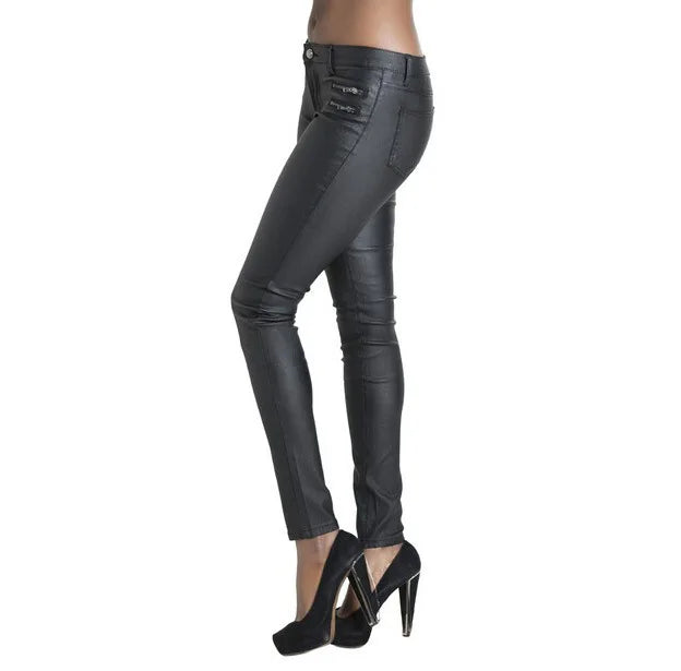 Popular Womens Leather Pant Low Waist and Slim Feet PU Leather Pants Double Zipper Pant for Women